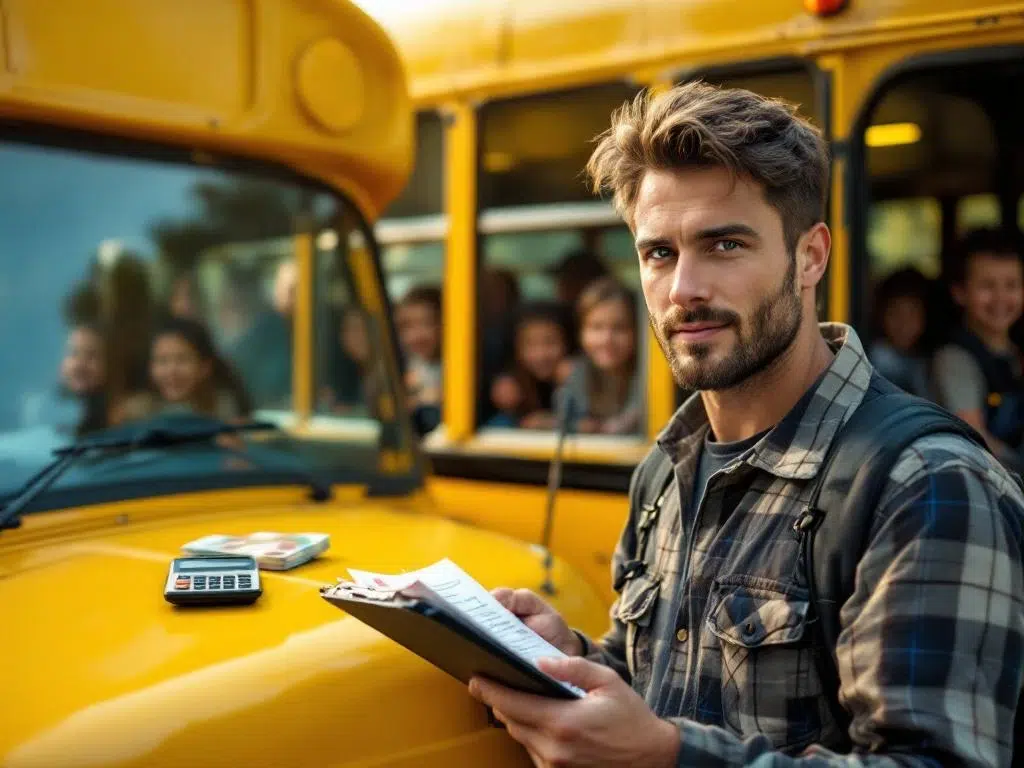 Professionele tourguide met klembord naast gele schoolbus vol kinderen, euro bankbiljetten en calculator op motorkap