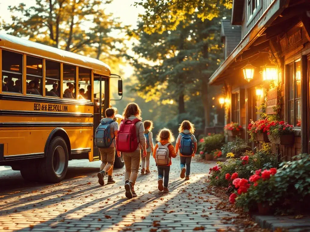 Gele schoolbus voor bed-and-breakfast met kinderen die met rugzakken naar de ingang lopen in gouden middaglicht