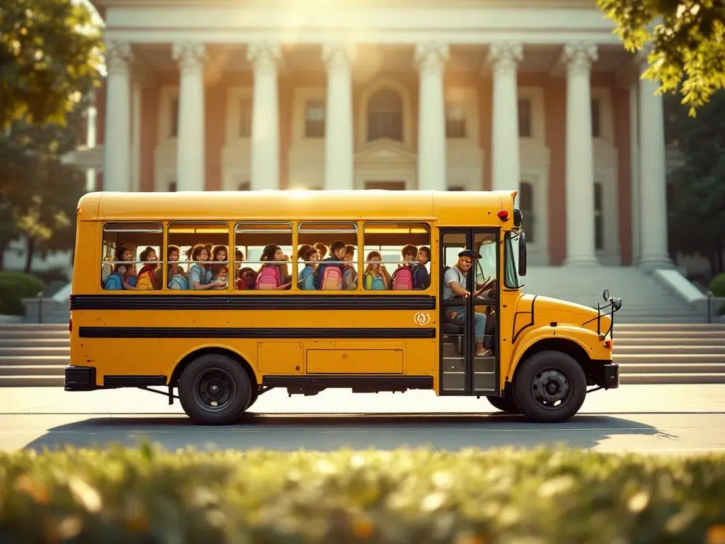 Gele schoolbus vol enthousiaste kinderen met chauffeur, geparkeerd voor museum met klassieke zuilen in ochtendlicht