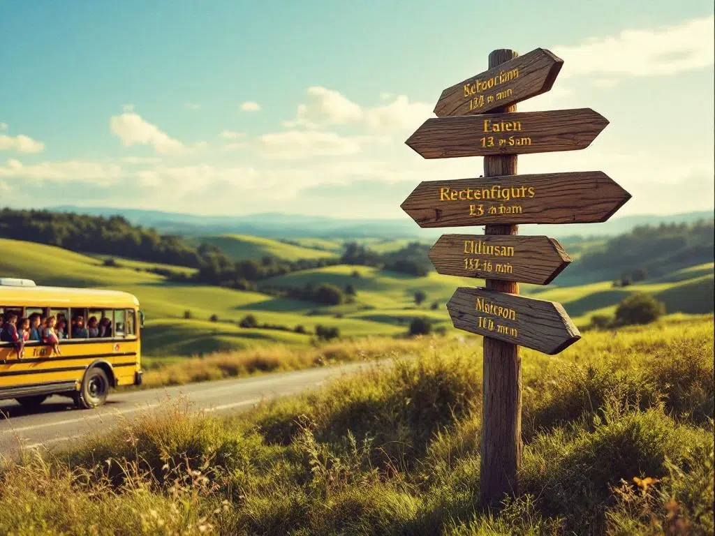 Gele schoolbus naast houten wegwijzer met richtingpijlen, kinderen met rugzakken in bus, groene heuvels op achtergrond