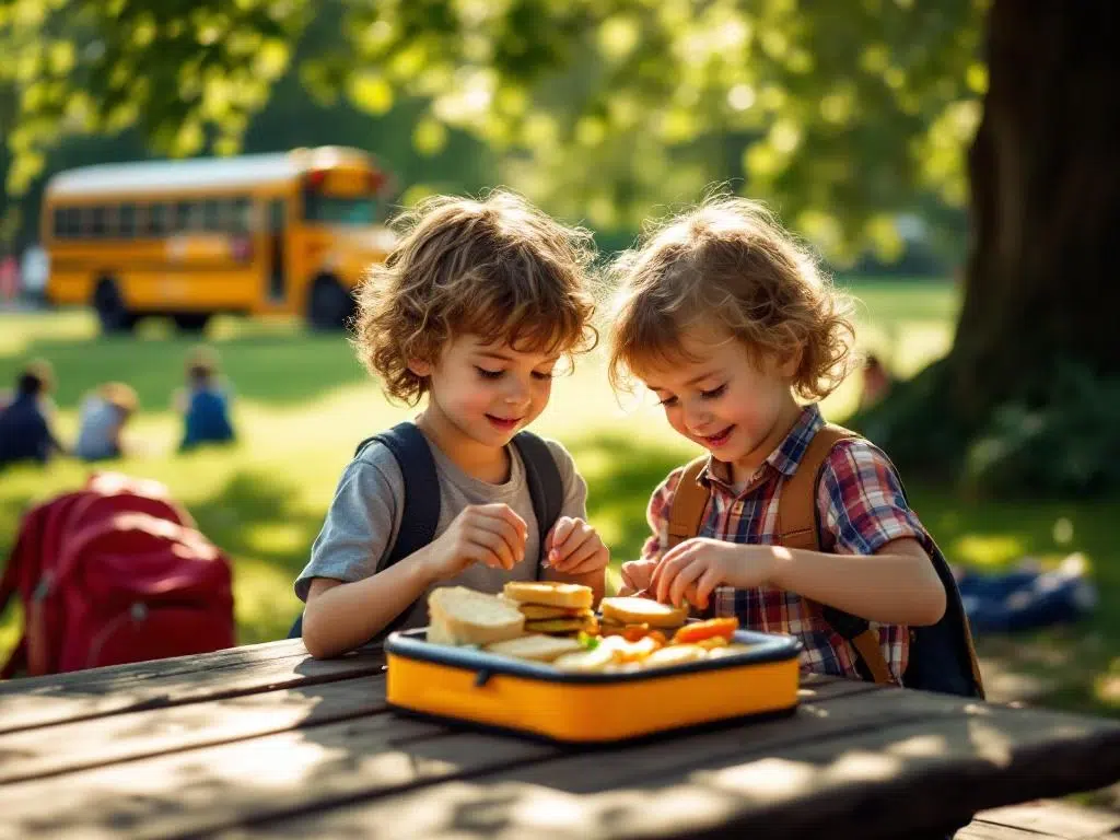 Kind pakt kleurrijke lunchbox uit aan picknicktafel buiten, schoolbus op achtergrond, zonnige schoolreis sfeer