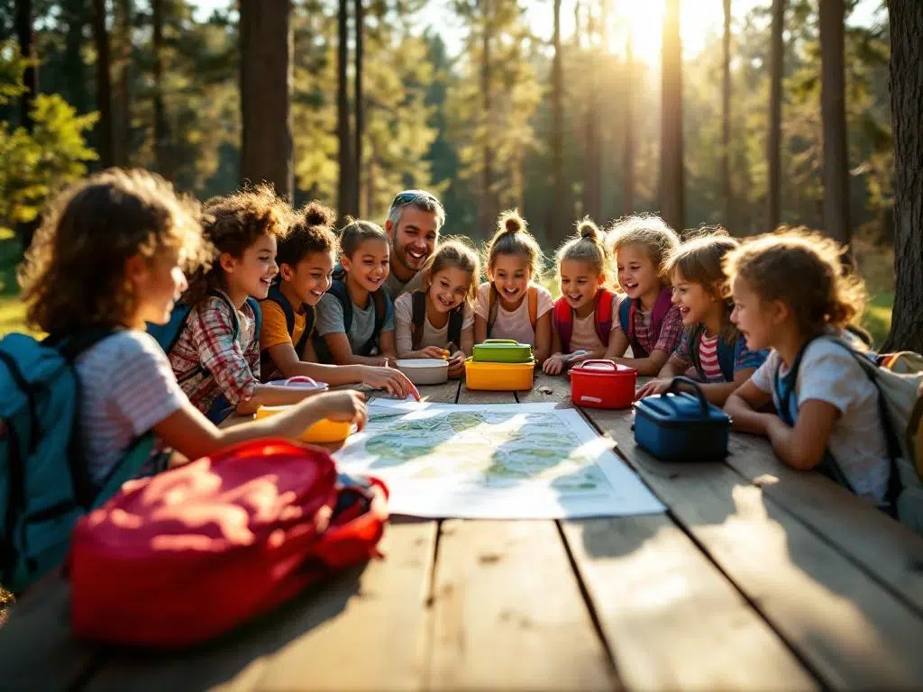 Diverse schoolkinderen verzameld rond picknicktafel met rugzakken, leraar wijst naar wandelkaart, dennenbos achtergrond