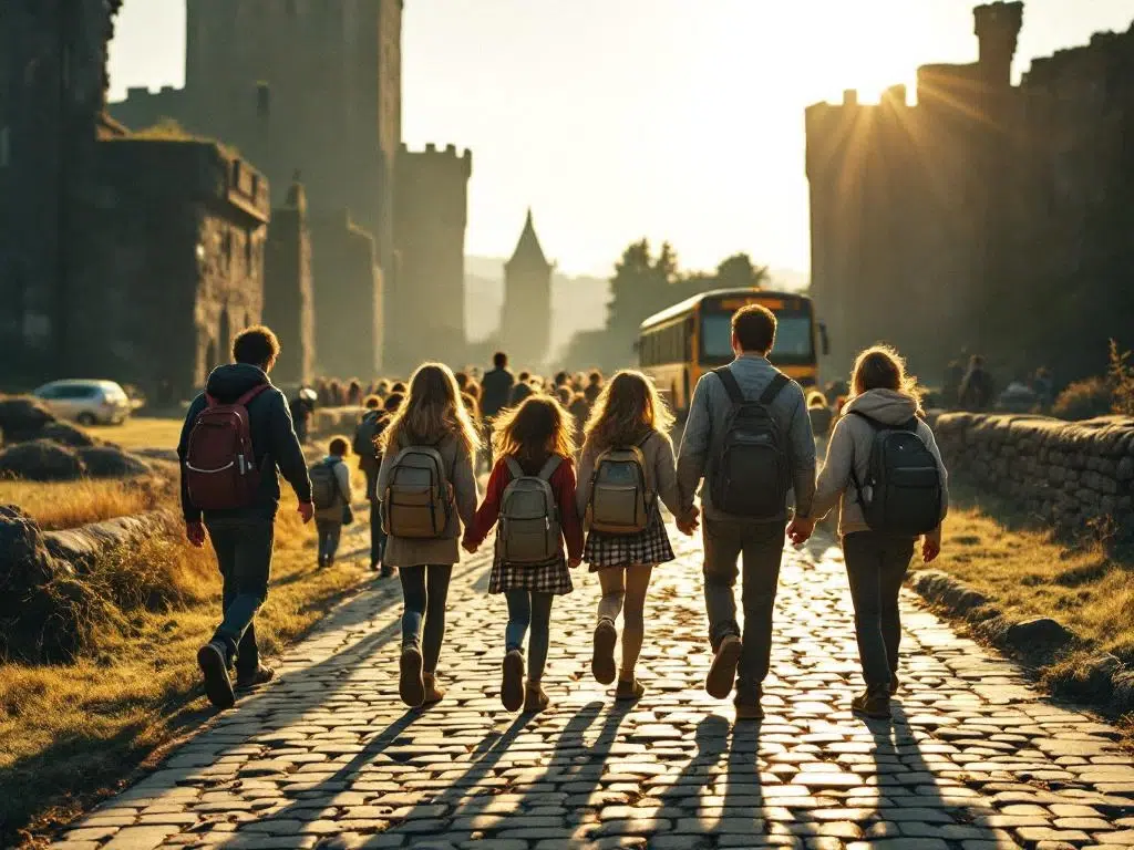 Diverse groep schoolkinderen loopt hand in hand over kinderkopjes naar schoolbus bij kasteel ruïnes in warme middagzon
