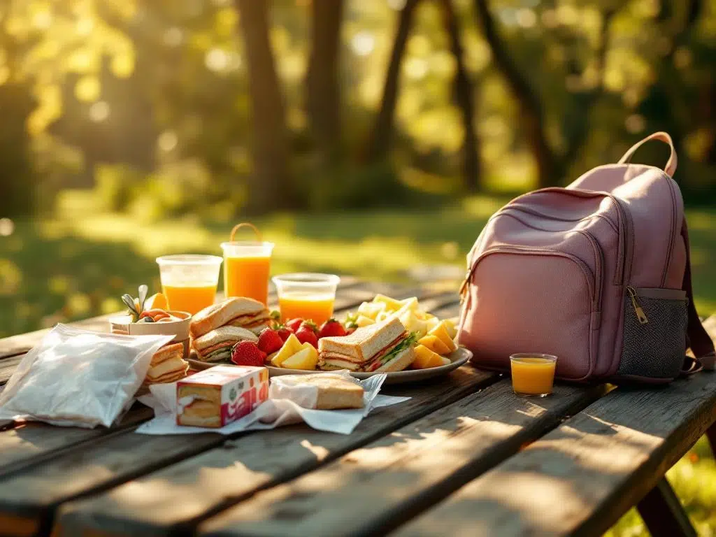 Schoollunch uitgespreid op houten picknicktafel met boterhammen, fruit, drankpakjes en rugzak in zonlicht