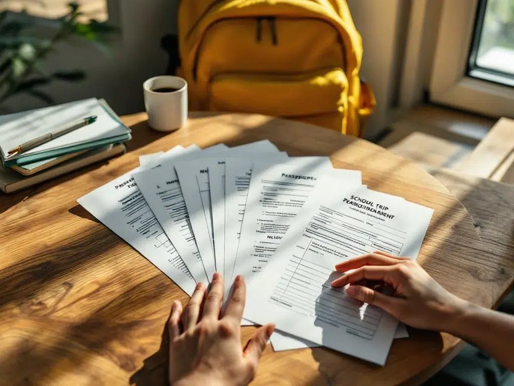 School reisdocumenten netjes uitgespreid op houten bureau met gele rugzak, inclusief paspoort en toestemmingsformulieren