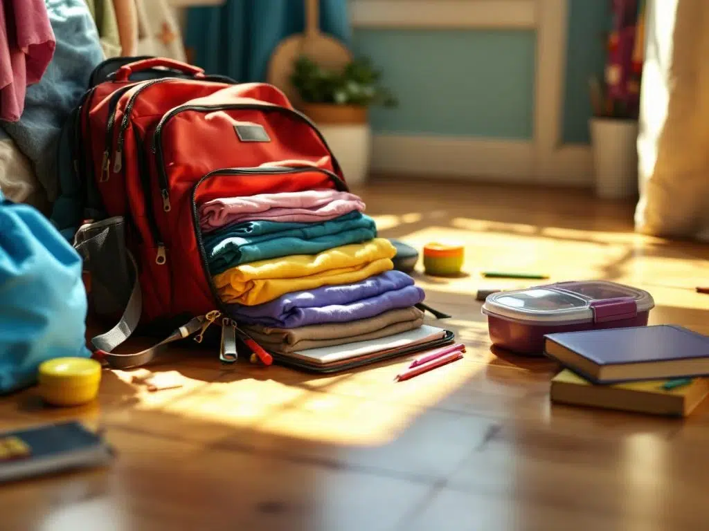 Open schooltas op houten vloer met kleding, schoolspullen, lunchbox en waterfles in ochtendlicht