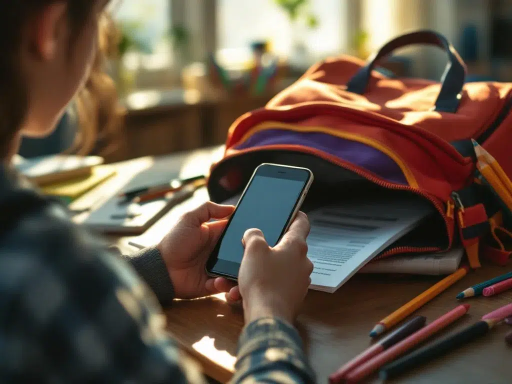 Student houdt smartphone vast aan houten bureau met open rugzak en schoolbenodigdheden in zonnig klaslokaal