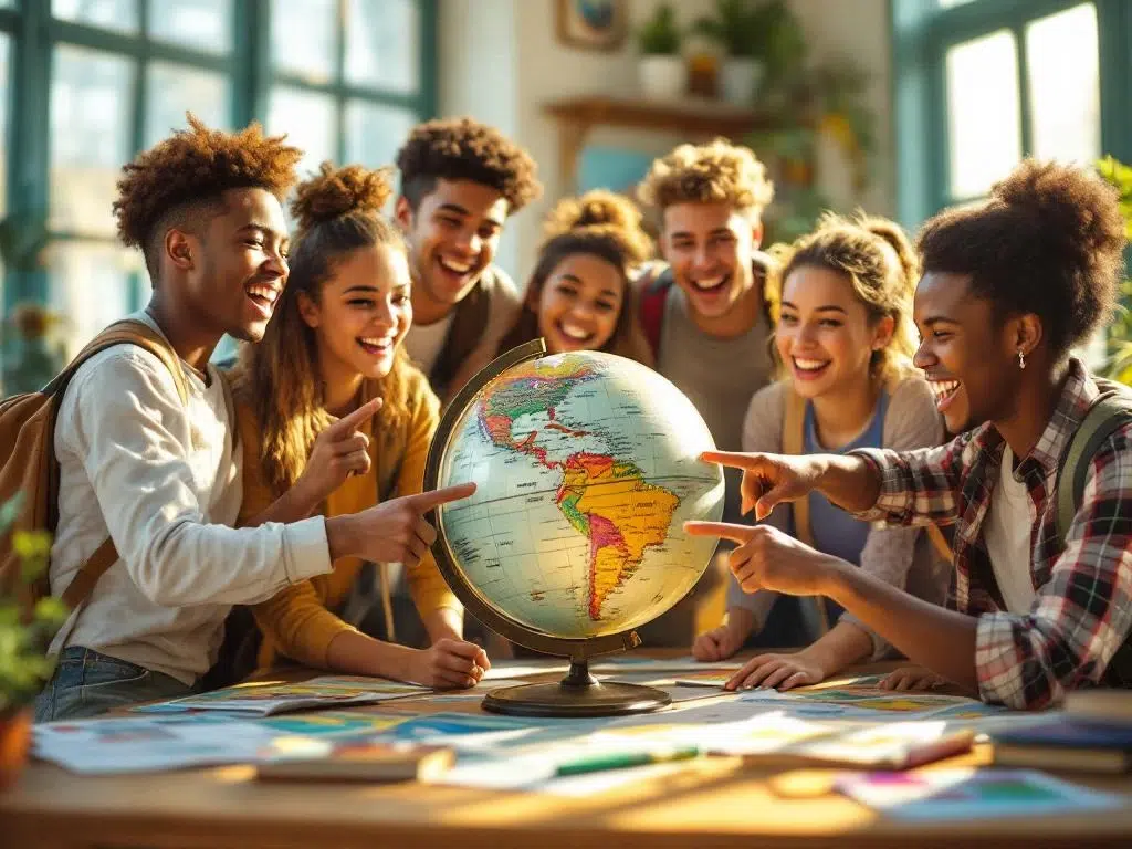 Diverse tieners met rugzakken wijzen naar bestemmingen op vintage wereldbol in heldere klaslokaal met reisbrochures