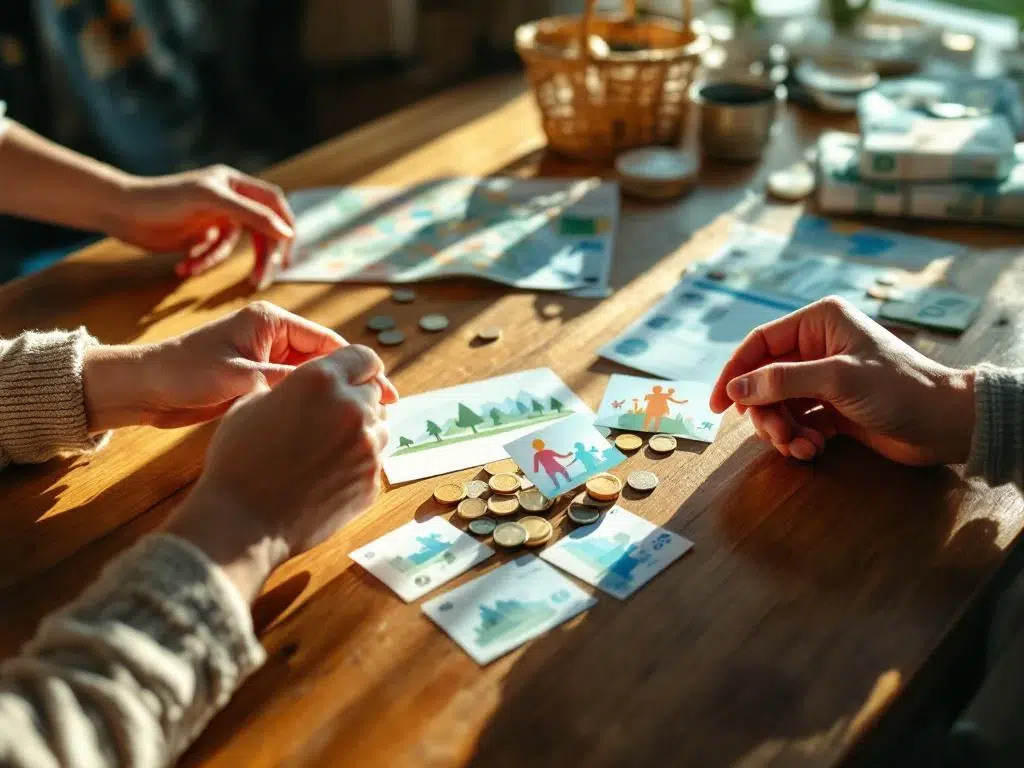 Familie plant vakantiebudget met euro geld en papieren activiteiten op houten keukentafel, picknickmand op achtergrond