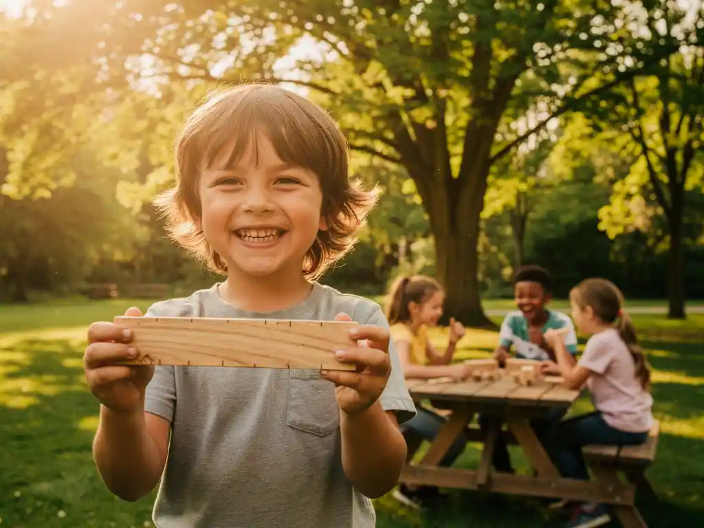 Trots kind dat een zelfgemaakt houten werkstuk omhooghoudt, omringd door spelende kinderen en zonlicht tussen groene bomen.