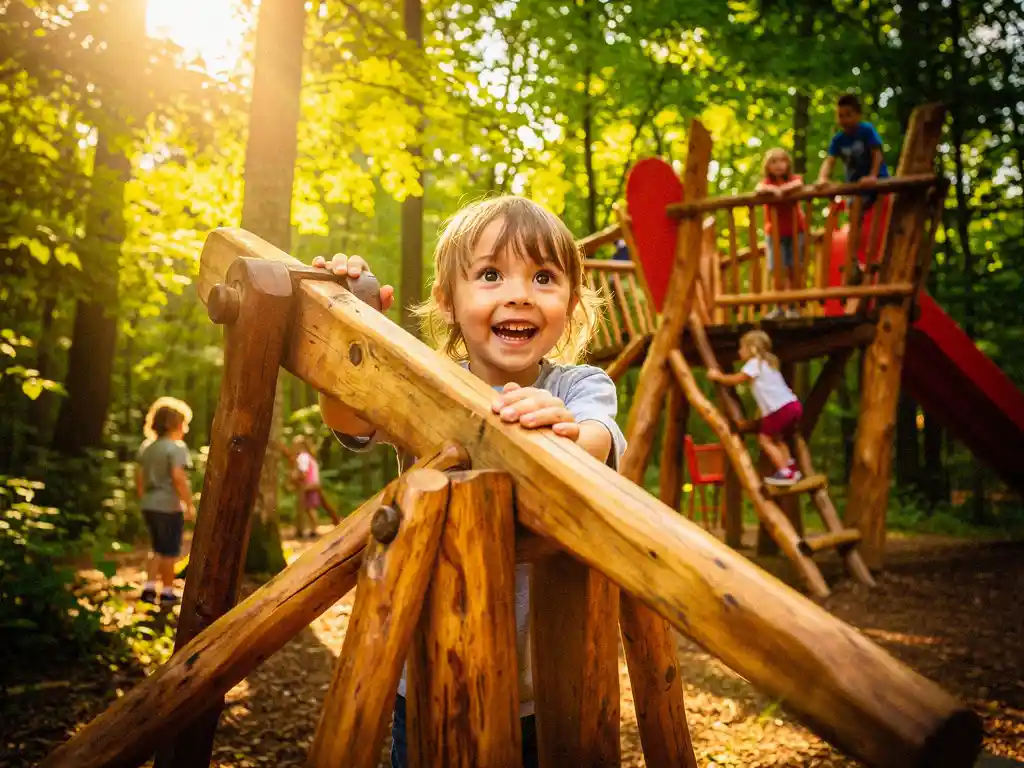 Blij kind bedient een grote houten hefboom buiten, terwijl andere kinderen klimmen op ambachtelijke speeltoestellen tussen groene bomen.