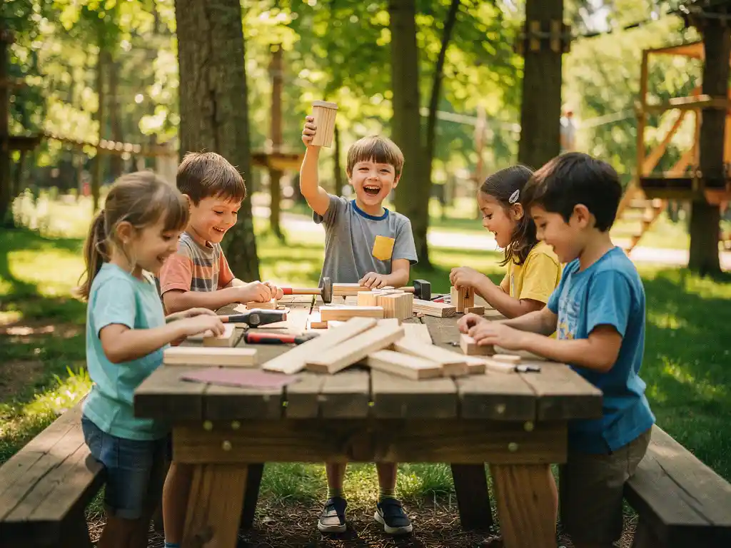 Kinderen bouwen samen houten creaties op een avonturenpark, met planken en gereedschap op een werkbank in zonlicht.