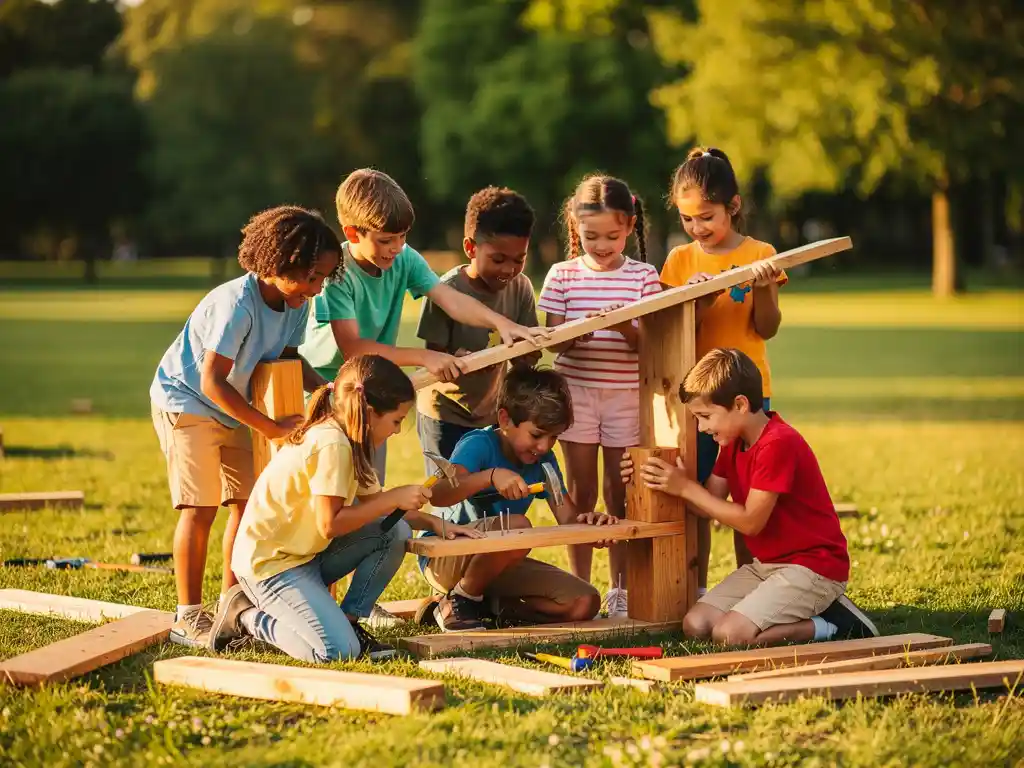Kinderen timmeren samen buiten aan een houten bouwproject op een zonnig grasveld, omringd door houtsnippers en groene bomen.