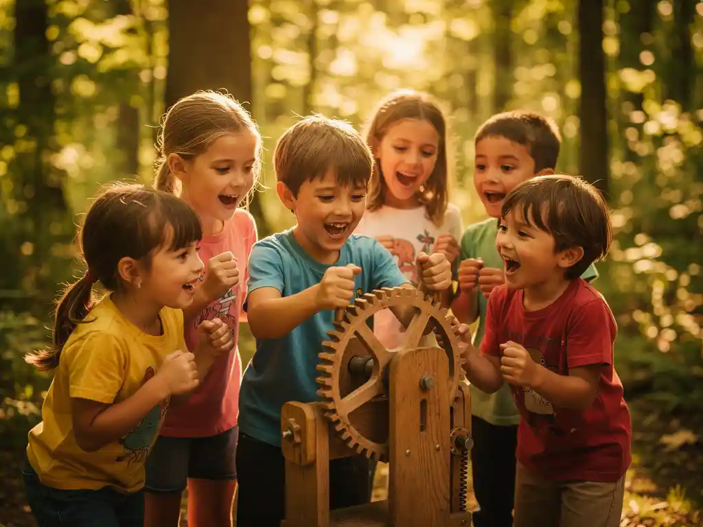 Kinderen buiten die samenwerken aan een houten constructie, één kind draait een groot tandwiel terwijl anderen juichen, omringd door groen bos.
