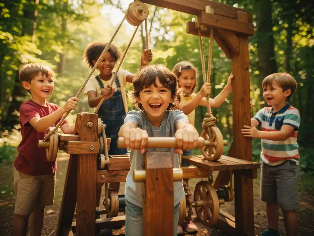 Kinderen spelen samen buiten met een houten constructie van touwen en katrolsystemen, zomers zonlicht door groene boomkronen.