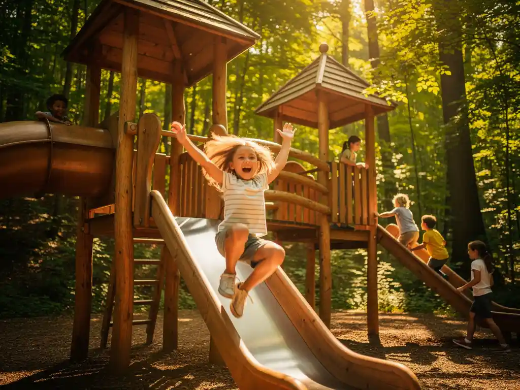 Kinderen lachen en spelen op houten speeltoestellen buiten, omgeven door weelderig groen bos met warm zonlicht.