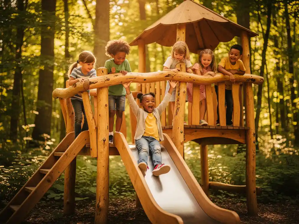 Kinderen spelen op houten speeltoestel in bos, één kind glijdt juichend van de glijbaan in zongefiltered groen.