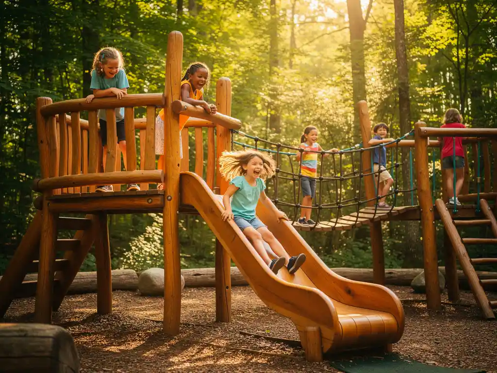 Kinderen lachen en klimmen op een grote houten speelstructuur buiten, omgeven door groene bomen, met een kind dat van een gebogen glijbaan glijdt.
