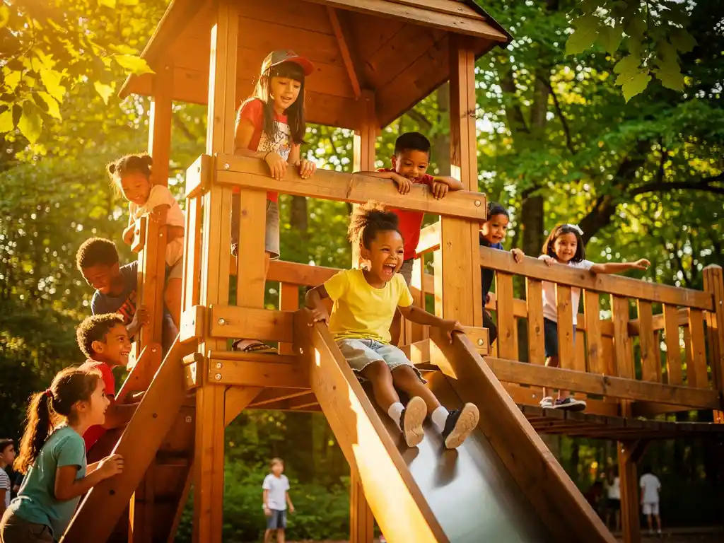 Kinderen lachen en spelen op houten speeltoestellen buiten, omringd door groen bos in warm zonlicht.