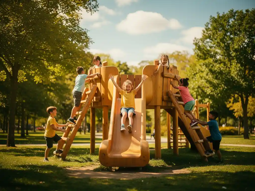 Kinderen spelen op houten speeltoestellen in een groen park, één kind glijdt met opgeheven armen in zonlicht.