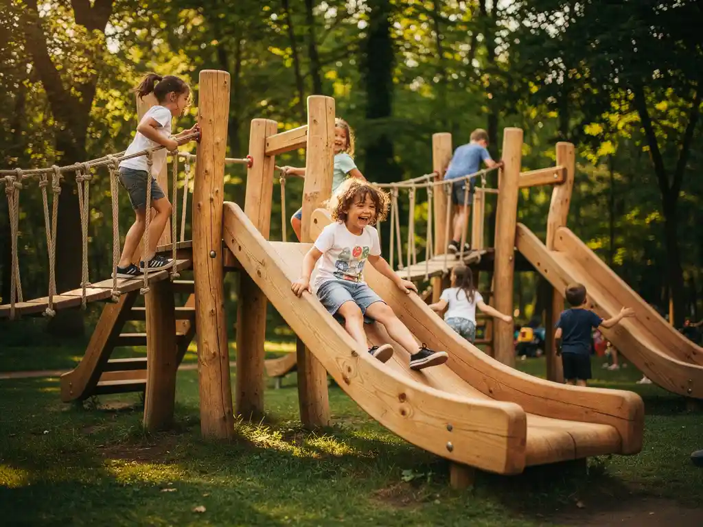 Kinderen spelen op houten klimtoestellen in een park, één kind glijdt van een gebogen houten glijbaan terwijl een ander balanseert op een touwbrug.