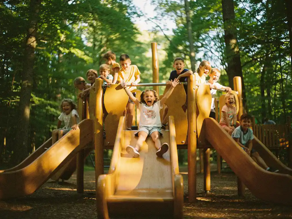 Kinderen lachen en klimmen op houten speeltoestellen in een bos, één kind glijdt met opgeheven armen in gouden avondlicht.