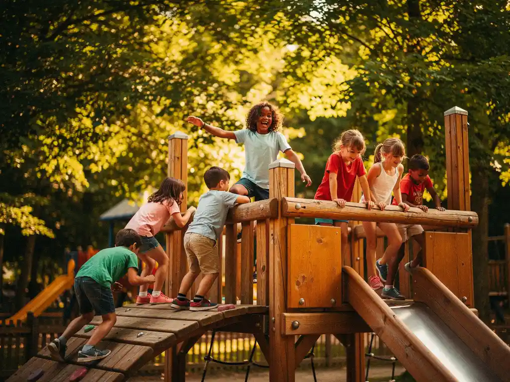 Kinderen klimmen lachend op houten speeltoestellen in een zonnig avonturenpark, omgeven door weelderig groen.