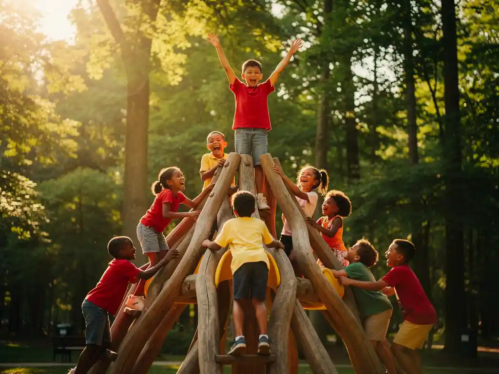 Kinderen lachen en klimmen op een grote houten speelstructuur buiten, omgeven door weelderig groen in warm middagzonlicht.