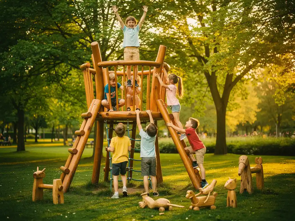 Kinderen lachen en klimmen op een groot houten speeltoestel buiten, omringd door groene bomen in warm middagzonlicht.