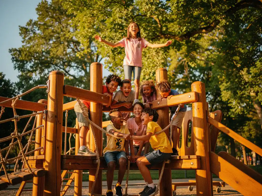 Kinderen lachen en klimmen op een grote houten speelstructuur buiten, omringd door weelderig groen en warm zonlicht.