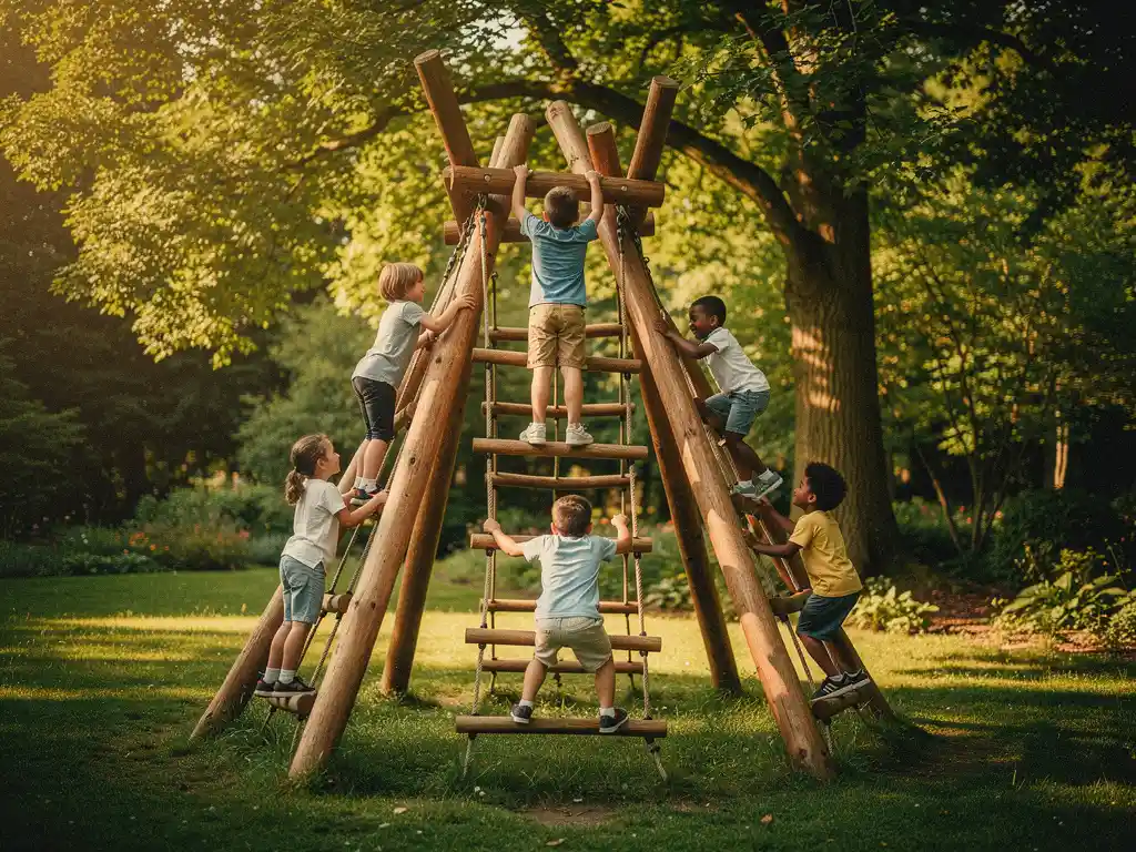 Kinderen klimmen op grote houten speeltoestellen in een groen park, één kind bereikt triomfantelijk de top in zacht middagzonlicht.