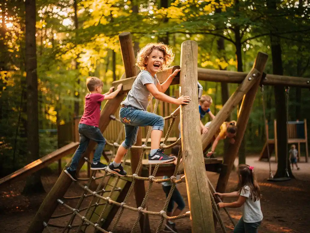 Kinderen klimmen lachend op houten speeltoestellen in het Veluwse bos, met warm middagzonlicht door het bladerdak.