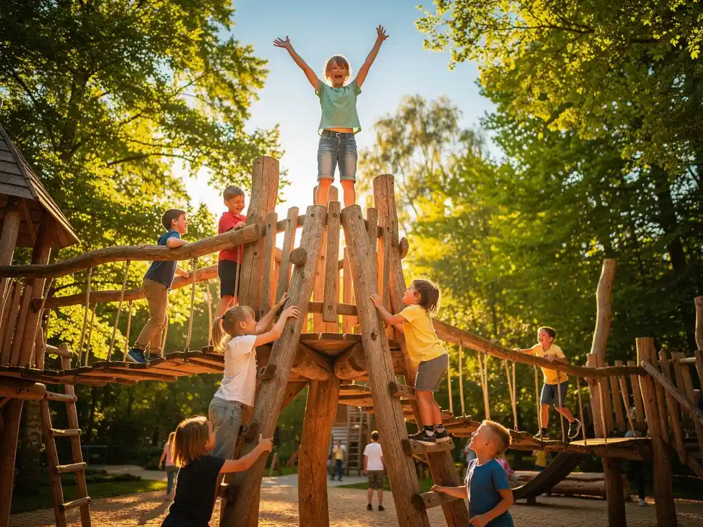 Kinderen klimmen lachend op houten speeltoestellen in een avonturenplaats, omringd door groene bomen in warm zonlicht.