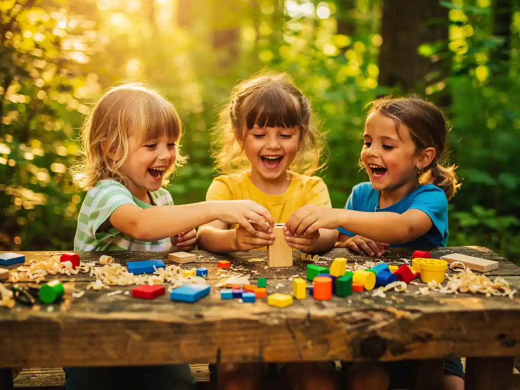 Kinderen lachen en knutselen samen buiten aan een houten werkbank met kleurrijke materialen en houtsnippers in zonlicht.