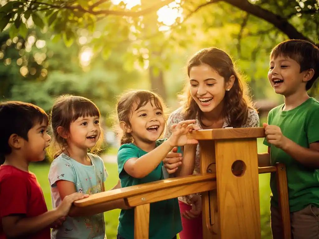 Kinderen van verschillende leeftijden lachen en werken samen aan een houten constructie buiten, omgeven door groen.