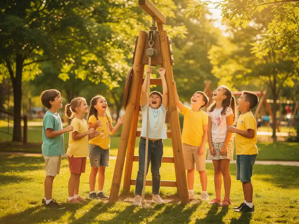 Kinderen lachen en spelen samen bij een houten speeltoestel in een avonturenpark, terwijl één kind triomfantelijk aan een touw trekt.