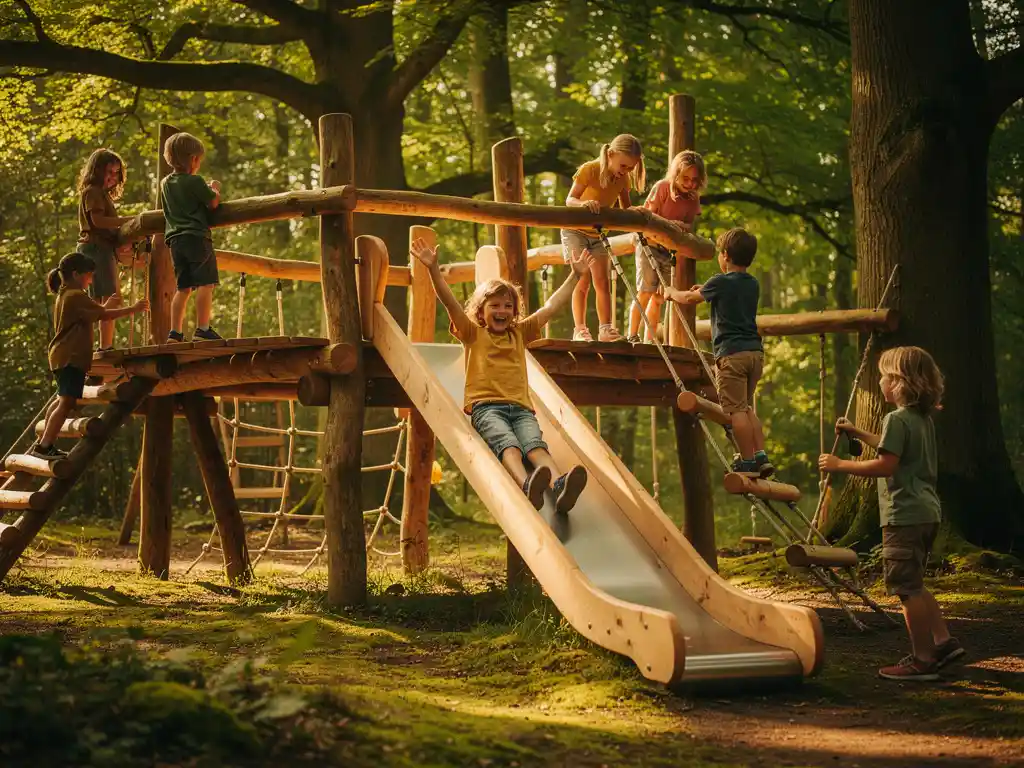 Kinderen spelen op houten klimtoestellen in het Veluwse bos, één kind glijdt juichend naar beneden in warm zonlicht.