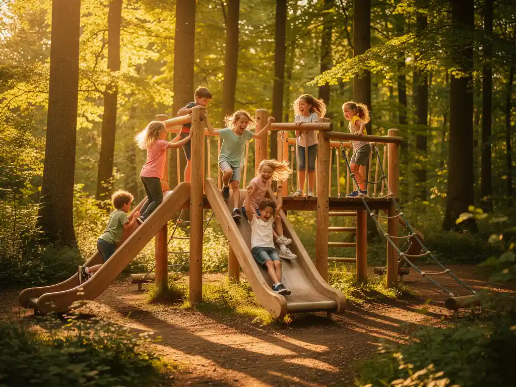 Lachende kinderen die klimmen en glijden op houten speeltoestellen in een zonnig Nederlands bos met gouden middaglicht.