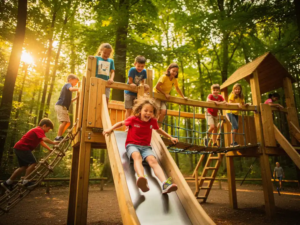 Kinderen klimmen lachend op houten speeltoestellen in een bos in Gelderland, met gouden middagzon door het bladerdak.