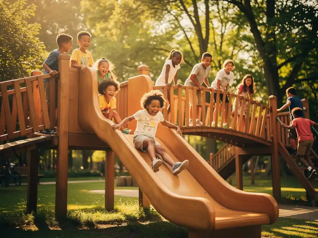 Kinderen lachen en klimmen op houten speeltoestellen in een groen park, terwijl één kind van een gebogen houten glijbaan glijdt.