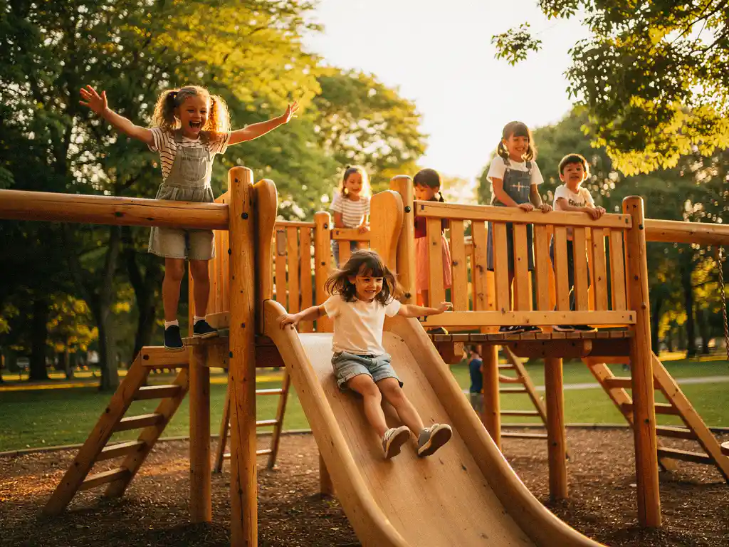 Kinderen lachen en klimmen op een houten speeltoestel buiten, één kind glijdt van de glijbaan in warm zonlicht tussen groene bomen.