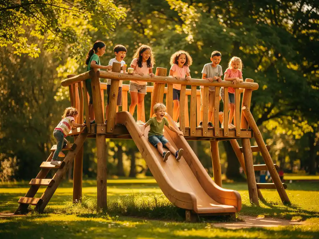 Kinderen lachen en klimmen op een groot houten speeltoestel buiten, omgeven door groene bomen in warm zonlicht.