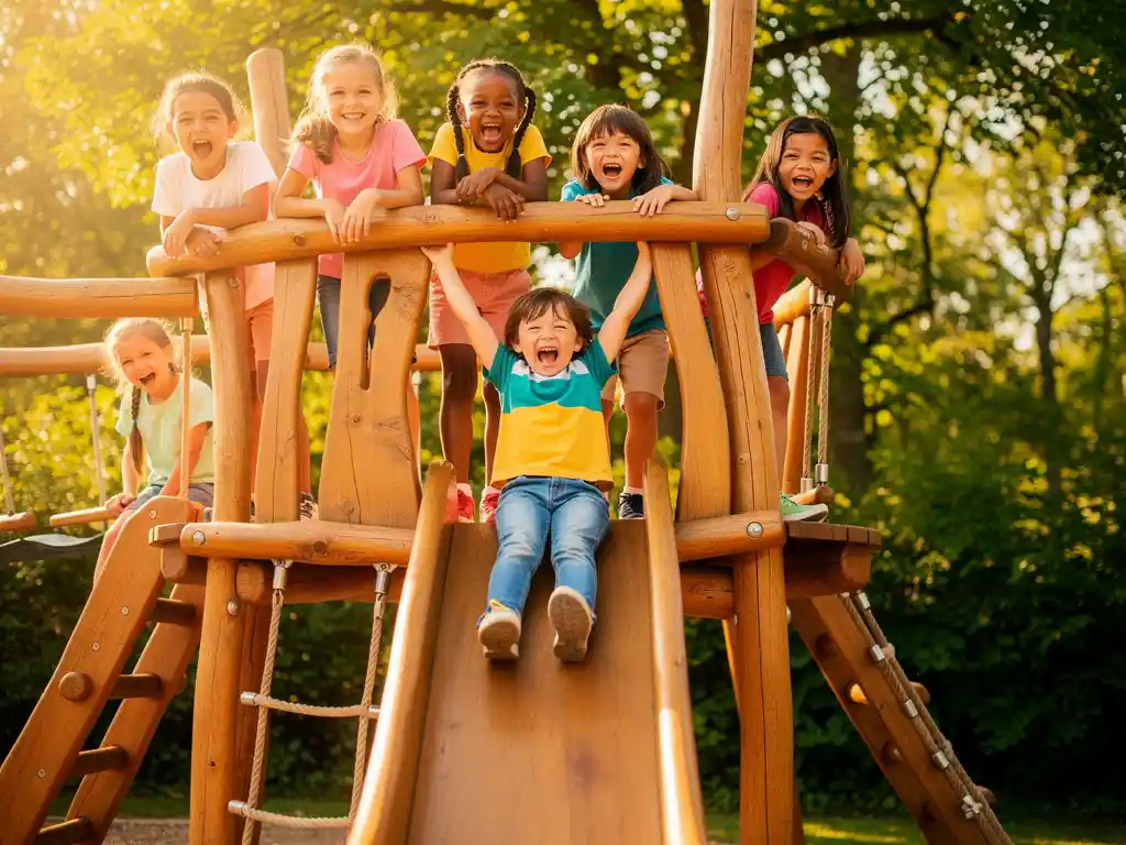 Kinderen lachen en klimmen op een houten speeltoestel buiten, één kind glijdt met opgeheven armen, omgeven door groene bomen in warm zonlicht.