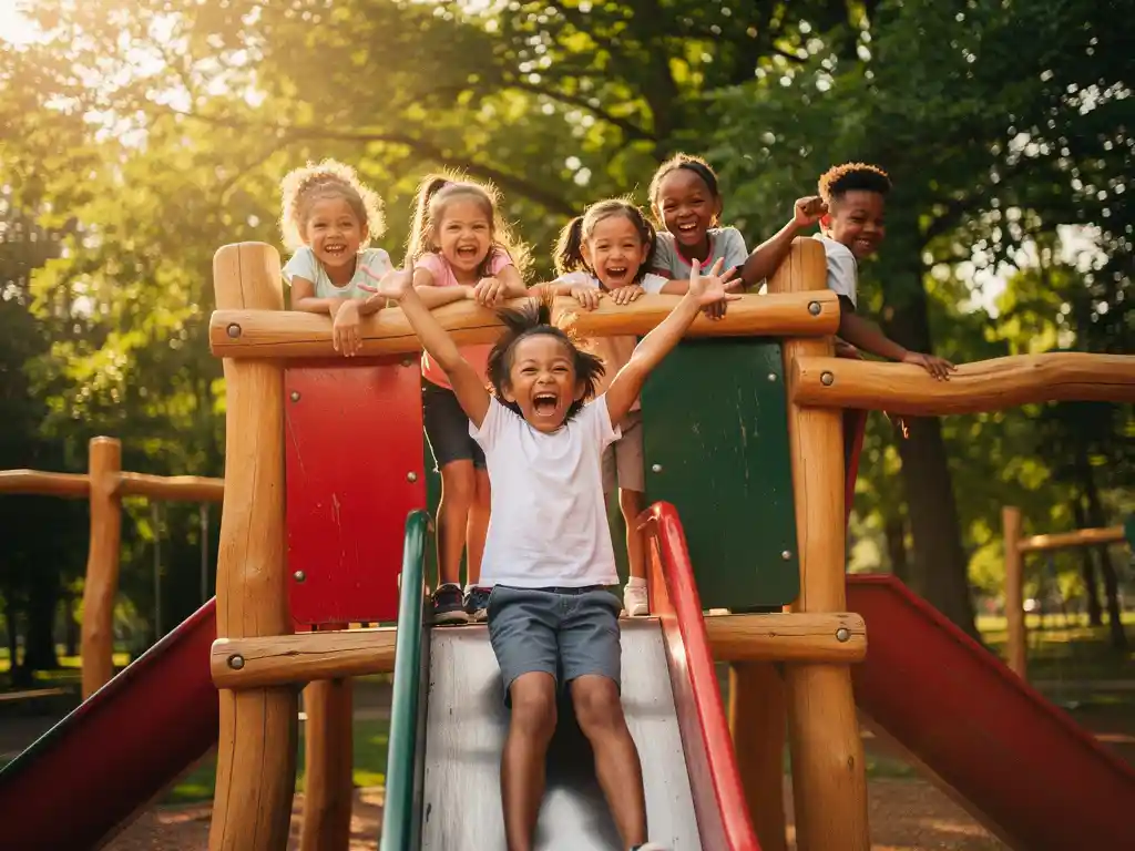 Kinderen lachen en klimmen op een grote houten speelstructuur buiten, omringd door groene bomen, één kind glijdt met opgeheven armen.