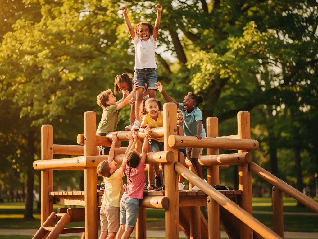 Kinderen lachen en klimmen op een grote houten speelstructuur buiten, omgeven door weelderig groen, één kind bereikt triomfantelijk de top.
