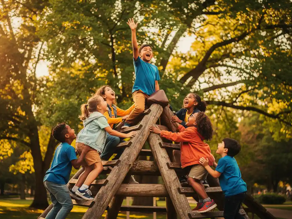 Kinderen lachen en klimmen op een groot houten speeltoestel buiten, één kind bereikt triomfantelijk de top in warm middagzonlicht.