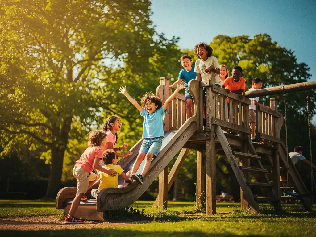 Kinderen lachen en klimmen op een houten speeltoestel buiten, één kind glijdt met opgeheven armen in warm middagzonlicht.