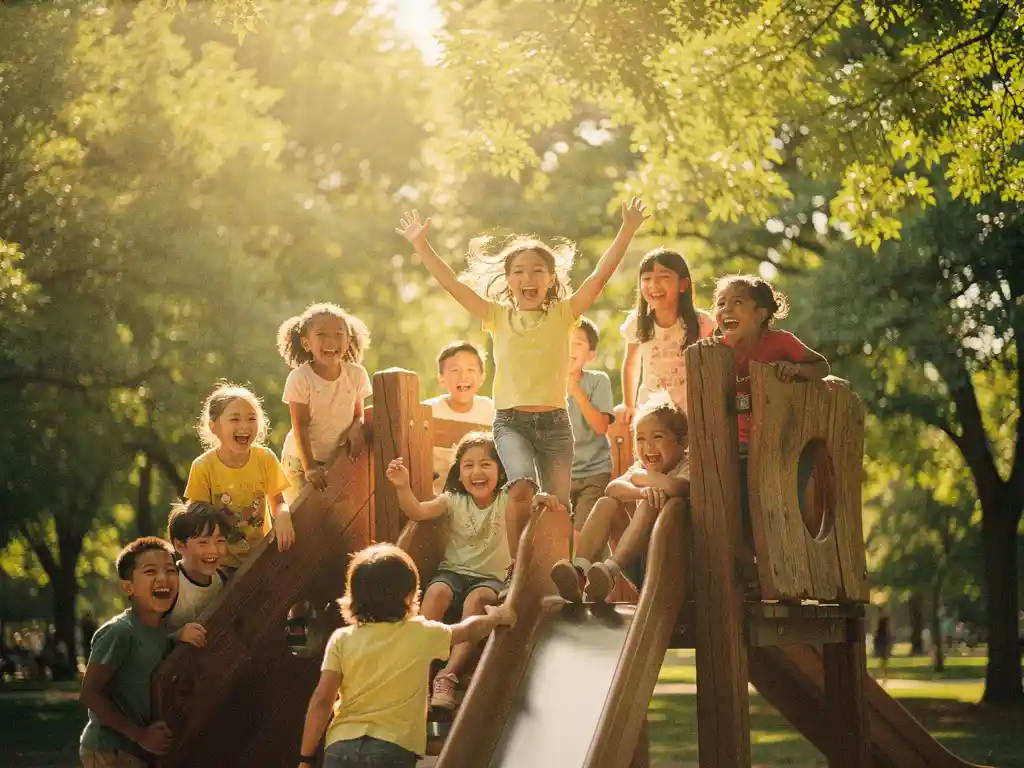 Kinderen lachen en klimmen op een groot houten speeltoestel buiten, één kind glijdt met opgeheven armen in warm zonlicht.