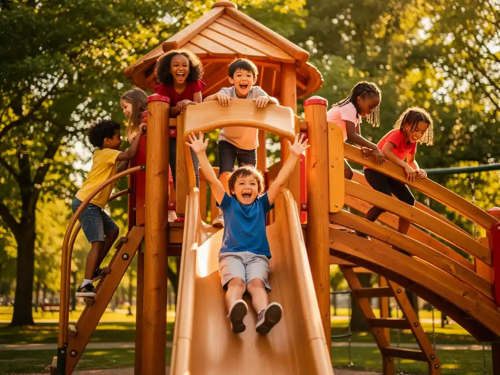 Kinderen lachen en klimmen op een grote houten speelstructuur buiten, omringd door groene bomen, één kind glijdt met opgeheven armen.