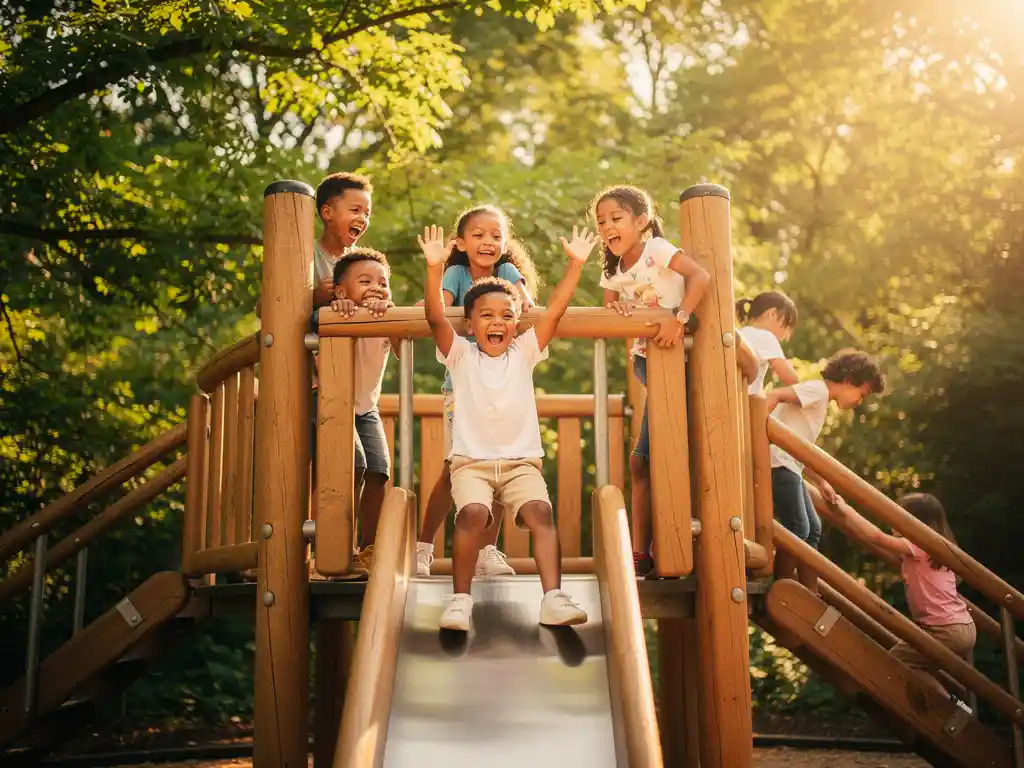 Lachende kinderen spelen op een houten speeltoestel buiten, omgeven door groen, een kind glijdt met opgeheven armen in warm middagzonlicht.